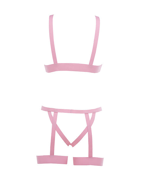 Kitten Teaser Strappy Open Cup Bra & Open Panty w/Leg Straps Pink O/S