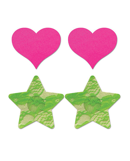 Fantasy UV Reactive Neon Heart & Lace Star Pasties - Pink & Green O/S Pack of 2