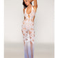 Deep Plunge Halter Seamless Bodystocking Gown w/Lace and Fishnet - White/Lavender O/S