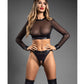 Domina Sheer Mesh & Vegan Leather 2 pc Set w/Crotchless Thong & Gold Restraint Clasps - Black L/XL