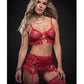 Laced Bra, Garter Skirt, Thong & Stockings Red O/S