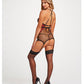 Floral Embroidered Lace Chemise w/Adjustable Garters & Thong Black/Red MD